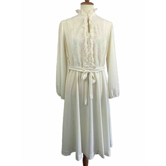 Vintage 70s Jane Baar New York Dress SZ ML Belted Ruffle Lace Front Cream - Picture 1 of 11